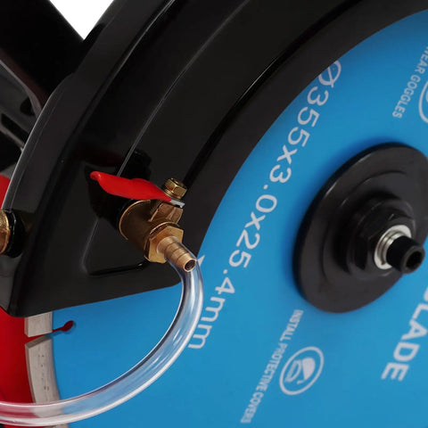 Close-up of Heavy Duty Electric Concrete Cutter With 13 Inch Diamond Blade showing water line and valve detail.
