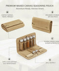 Roll Style Spice Organizer for Camping and Travel Portable Pouch in tan waxed canvas with visible spice bottles and pockets