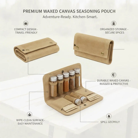 Roll Style Spice Organizer for Camping and Travel Portable Pouch in tan waxed canvas with visible spice bottles and pockets
