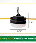 Close-up of LED light unit from Worksite Ready 100 Ft LED String Lights for Construction Sites, showing 3.75-inch width.