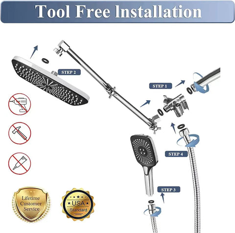 Powerful High Pressure Dual Shower Head With Handheld And 12 Inch Rainfall System installation guide steps.