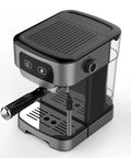 Top Tier Espresso Coffee Maker With Integrated Milk Frother And Steam Wand, compact black barista machine with steam wand.