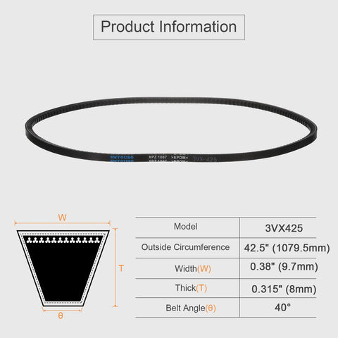 3VX425 Cogged V Belt Two Pack Raw Edge Industrial Rubber Drive Belt 42.5 Inch Length 0.38 Inch Width 0.32 Inch Thickness