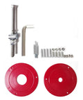 Premium Aluminum Router Table Insert Plate For Precision Wood Trimming Heavy Duty Clamp Base parts including red plates and screws.
