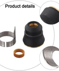 Premium 13Pcs Plasma Cutting Consumables Set With Ultra-Sharp 0.9mm Nozzles And Durable Electrodes For Clean Cuts On Ipt45 Torch And Ti-Pc45 Tools. Image shows three parts including a black nozzle, a metal component, and a small ring.