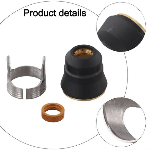Premium 13Pcs Plasma Cutting Consumables Set With Ultra-Sharp 0.9mm Nozzles And Durable Electrodes For Clean Cuts On Ipt45 Torch And Ti-Pc45 Tools. Image shows three parts including a black nozzle, a metal component, and a small ring.