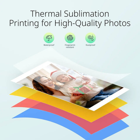 Portable Photo Printer for iPhone Android and Laptop With 54 Sheets 4x6 1 Ink Ribbon AR Video Printing Wireless WiFi Connection Compact Travel Ready On The Go demonstration of thermal sublimation printing with high-quality image output.