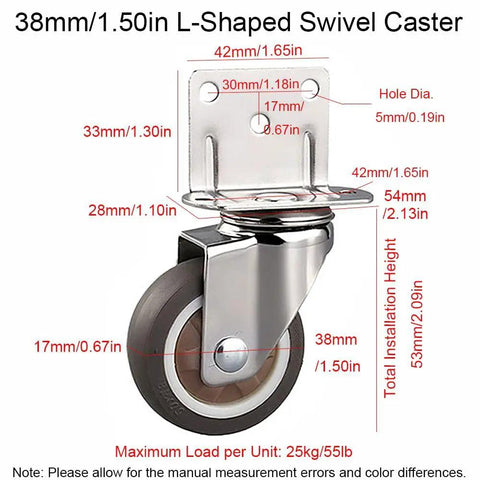 Diagram showing dimensions of chrome bracket 38mm wheels from 8 Pack 360 Degree Lockable Swivel Caster Wheels For Light Duty