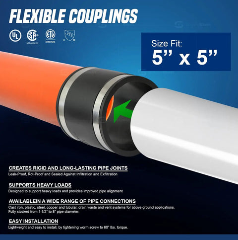 Smooth Operator 5 Inch Black Flex Coupling connecting pipes, designed for drain waste vent lines and various materials.