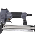 Boss Level Pneumatic Brad Nailer And Heavy Duty Air Nail Gun For Fast Framing And Slick Woodworking Builds That Run Like Gangbusters And Finish Top Notch, side view highlighting grip and nail magazine.