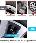 Comparison of old corroded valve cap and new Chevrolet Tire Valve Stem Caps 4 Pack Aluminum Alloy Black Easy Install Auto Wheel Air Caps