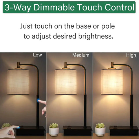Bedside Touch Lamp With USB Port Outlet 3 Way Dimmable Modern Table Lamp showing 3 brightness levels: low, medium, high
