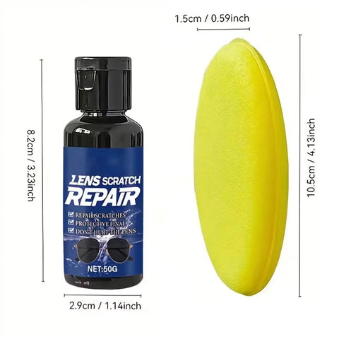 Image showing Scratch Repair For Sunglasses And Glasses With Dual Action Shield 50g Deep Cleaning Liquid alongside a yellow pad.