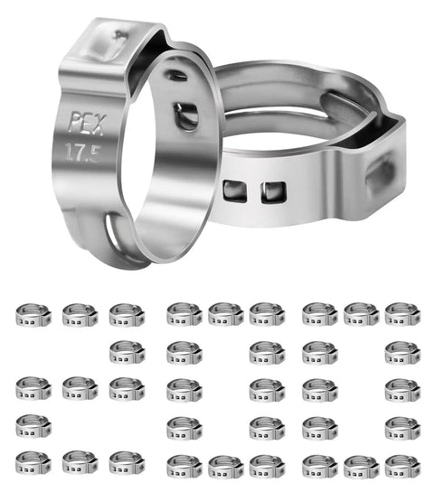 200 Pack One Half Inch PEX Cinch Clamps, Stainless Steel Single Ear Hose Clamps for PEX Pipe, 360 Degree Seal, Displayed in Rows