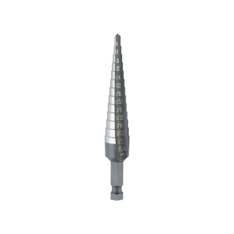 Heavy Duty Step Drill Bit Set Four Piece For General Purpose Drilling Do It All DIY Pro Grade with laser etched size marks visible