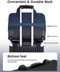 Back view of Navy rolling laptop bag, showing luggage strap and silent wheels, part of the Rolling Laptop Bag For Men And Women 16 Inch Waterproof Wheeled Briefcase With Locking Main And Computer Compartments And TSA Friendly Security Ideal As Underseat Carry On Luggage For Work Travel College And The Mobile Office On The Go Navy.