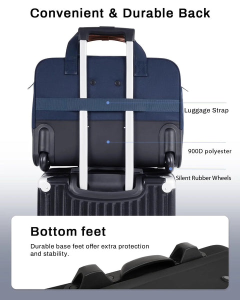 Back view of Navy rolling laptop bag, showing luggage strap and silent wheels, part of the Rolling Laptop Bag For Men And Women 16 Inch Waterproof Wheeled Briefcase With Locking Main And Computer Compartments And TSA Friendly Security Ideal As Underseat Carry On Luggage For Work Travel College And The Mobile Office On The Go Navy.