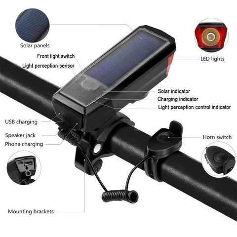 Solar Powered USB Rechargeable Bike Front Light With 350 Lumens 5 Modes All Weather Waterproof Mountain Bike Headlamp Plus 120dB Electric Bell Horn For Road Cycling Safety Go To Gear