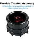 Water temperature gauge, front view, 2-inch/52mm, black housing with LED display and sensor for car/truck/marine.
