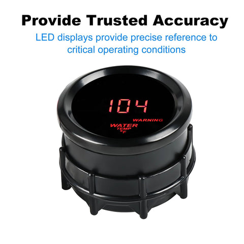 Water temperature gauge, front view, 2-inch/52mm, black housing with LED display and sensor for car/truck/marine.