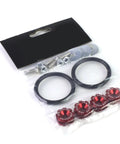 Red Quick Release Bumper Fastener Kit With Aircraft Grade Aluminum including four fasteners, rings, and bolts in packaging.