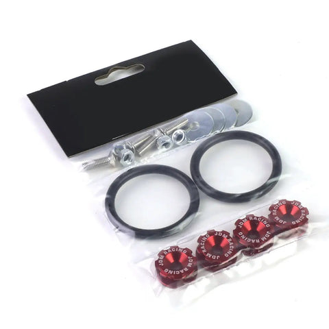 Red Quick Release Bumper Fastener Kit With Aircraft Grade Aluminum including four fasteners, rings, and bolts in packaging.