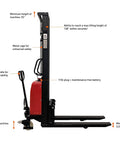 Heavy Duty Thin Leg Semi Electric Pallet Stacker 2204 Lbs Capacity 138 Inch Lift Height 110V Plug side view with dimensions.