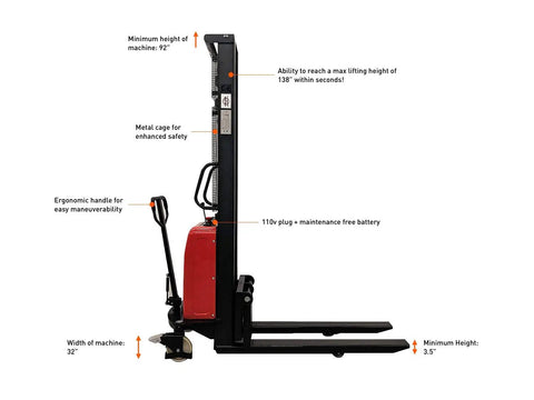 Heavy Duty Thin Leg Semi Electric Pallet Stacker 2204 Lbs Capacity 138 Inch Lift Height 110V Plug side view with dimensions.
