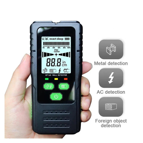 Straight Shooting Wall Scanner And Stud Finder With Four In One Metal Detection And AC Voltage Sensing To Nail Down Hidden Joists And Live Wires Safely Without Drywall Damage, handheld device with digital display.