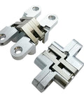 Invisible Concealed Cross Hinges For Wood And Metal Doors, Satin Nickel Finish, showing two hinges with screws