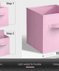 11 Inch Foldable Storage Bins With Handles Set Of 6 In Pastel Orange Purple And Pink, shown in pink with dimensions and features highlighted.