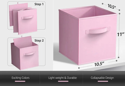 11 Inch Foldable Storage Bins With Handles Set Of 6 In Pastel Orange Purple And Pink, shown in pink with dimensions and features highlighted.