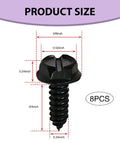 Hella Durable Stainless Steel License Plate Screws For Cars And Trucks 8 Piece Kit Black showing dimensions and size specifications.