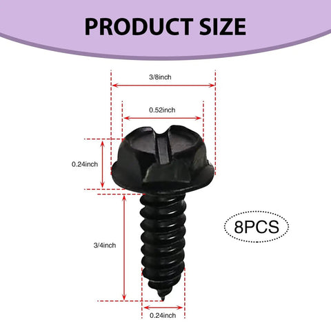 Hella Durable Stainless Steel License Plate Screws For Cars And Trucks 8 Piece Kit Black showing dimensions and size specifications.