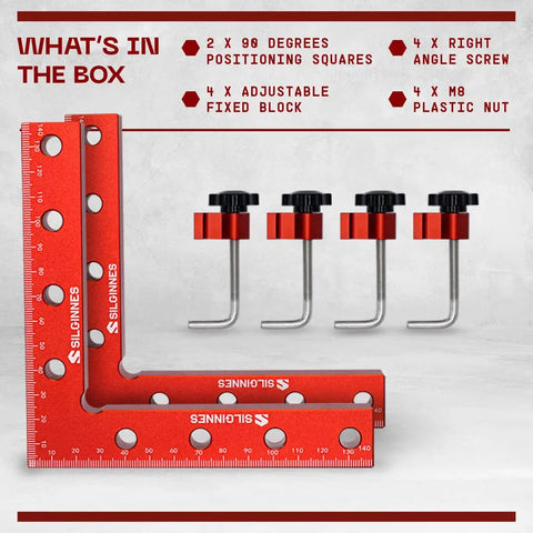 Two Pro Grade 90 Degree Positioning Squares Right Angle Clamps For Woodworking with adjustable fixed blocks and screws