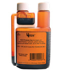 Front view of UVIEW Multi-Purpose Dye bottle, 8 oz, orange plastic container with white cap and side measurement scale.