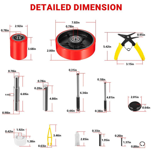 Dimensions of components in Heavy Duty Pallet Jack Wheel Replacement Kit with Dual 7x2 Steering Wheels and 3x3.75 Front Load Rollers.