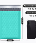 Teal Bubble Mailers 6x10 Inch Inner 6x9 Inch 25 Pack Padded Envelopes shown with phone for size comparison