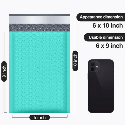 Teal Bubble Mailers 6x10 Inch Inner 6x9 Inch 25 Pack Padded Envelopes shown with phone for size comparison