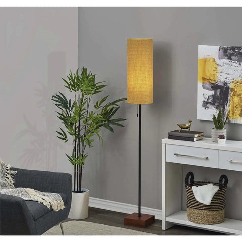 Trudy Floor Lamp With Textured Mustard Yellow Drum Shade Cube Base Pull Chain Switch Modern Living Room Lighting For Warm Ambient Glow Vibe