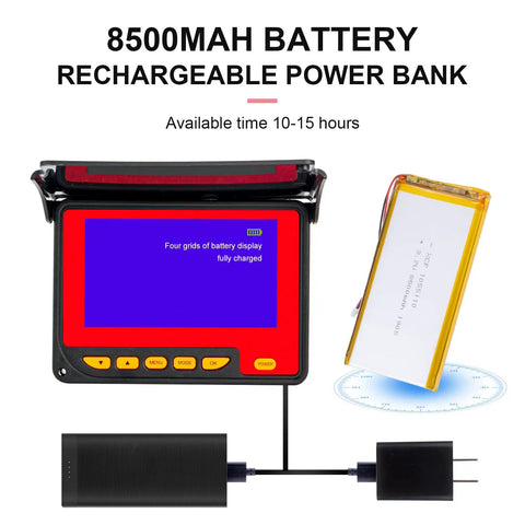 Heavy Duty Sewer Camera With 100 Ft Cable And Built In 16Gb Dvr showing 8500mAh battery and power bank, with display and charging cable.