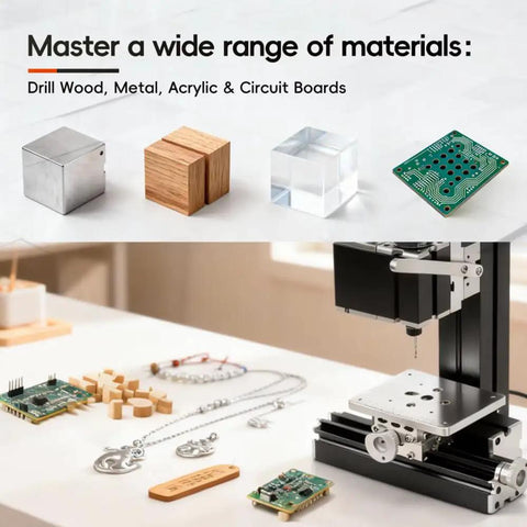 Heavy Duty All Metal Mini Bench Drill Press 36W For Wood And Metal PCB displaying materials like wood, metal, acrylic, and circuit boards.