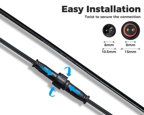 4 Pack 6.5 Foot Extension Cords With 2 Pin Connectors For Your All In One Low Voltage Landscape Lighting Kit IP65 Weatherproof UL Listed Outdoor Extension Cable Set shown with easy installation instructions and twist lock feature