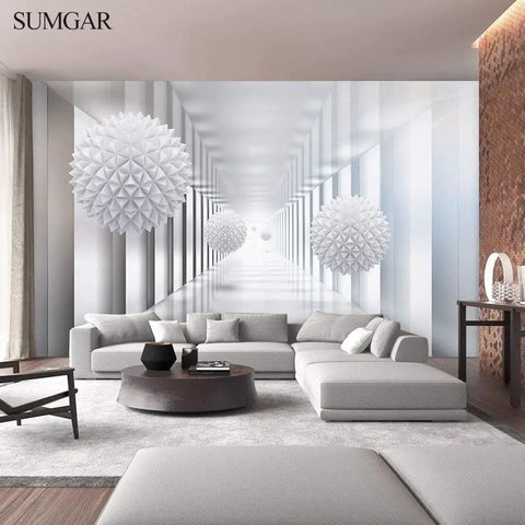 Custom 3D Wallpaper For Living Room And Bedroom Self Adhesive Non Woven Panels White Grey Wall Murals 100 Inches By 144 Inches Create Illusion Of Space And Modern Home Decor displayed in a modern living room setting with white 3D ball patterns.