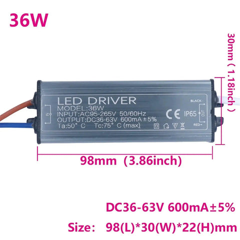 Outdoor Waterproof LED Driver Power Supply 600mA 36W, DC 36-65V Output For LED Strips And Modules, Wide 85-265V AC Input, Industrial Grade Lighting, Perfect For DIY Fixes And Home Projects, 98x30mm