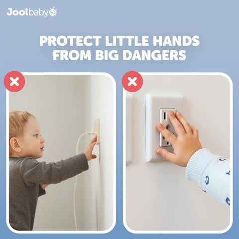Child reaching for Outlet Cover Box For Kid Safe Child Safety Two Pack Fits Most Plugs And Cords Duplex And Decorator Electrical Plates