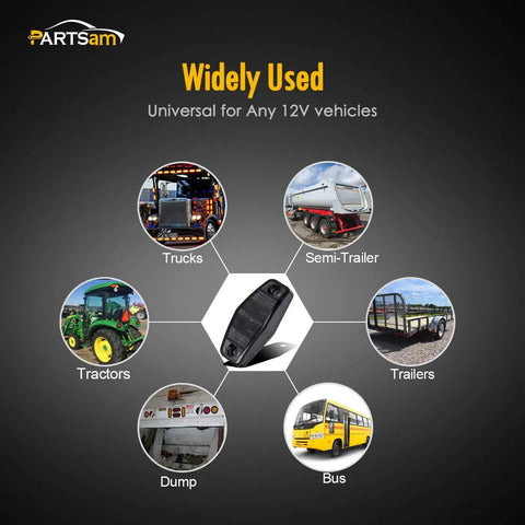 Diagram showing Amber And Red Universal Trailer Side Marker Lights With Smoked Lens use for trucks, semi-trailers, buses, and more.