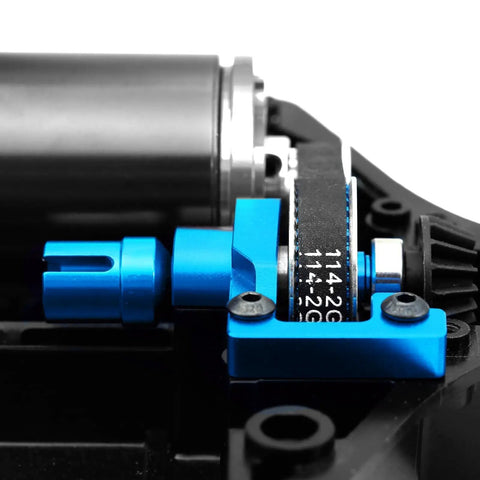 Close-up of TT02 Belt Drive RC Car Transmission Gear System With 40T And 16T Aluminum Pulleys for Tamiya 1 By 10 4WD Shaft Drive On Road RC Car