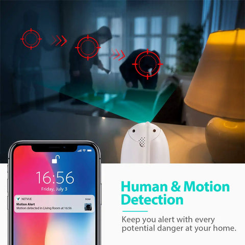 1080P Indoor Pet Cam With 2 Way Audio Night Vision And AI Human Detection showing motion alert on smartphone