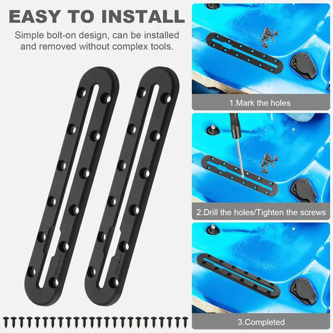 Four Pack 9.9 Inch Low Profile Kayak Gear Track Rails For Flat Surfaces, installed on blue kayak deck
